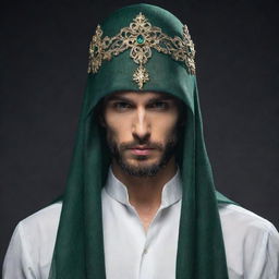 Adjust the original character to a male, grandeur in appearance. His face is enigmatically covered by a majestic veil, which is attached to a unique hat, with both elements featuring dark green accents.