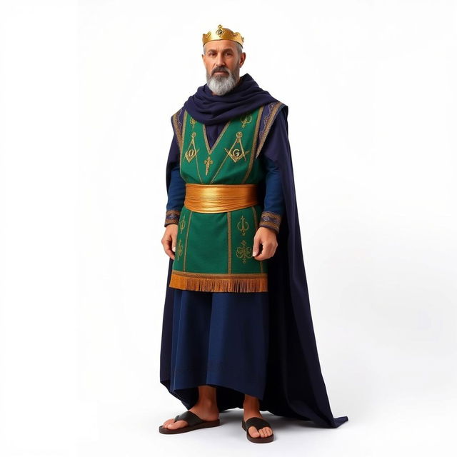 A Masonic figure standing against a white background, adorned with a traditional Masonic apron that is prominently green, symbolizing the lushness of nature and the growth of knowledge within the Masonic teachings