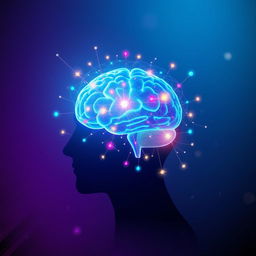 An inspiring visual representation of the power of the human mind, showcasing a profile view of a human head filled with a radiant blue brain, illuminated and pulsating with energy