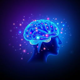 An inspiring visual representation of the power of the human mind, showcasing a profile view of a human head filled with a radiant blue brain, illuminated and pulsating with energy