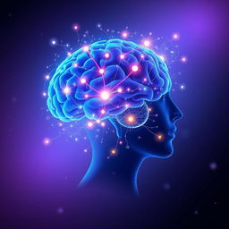 An inspiring visual representation of the power of the human mind, showcasing a profile view of a human head filled with a radiant blue brain, illuminated and pulsating with energy