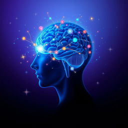 An inspiring visual representation of the power of the human mind, showcasing a profile view of a human head filled with a radiant blue brain, illuminated and pulsating with energy