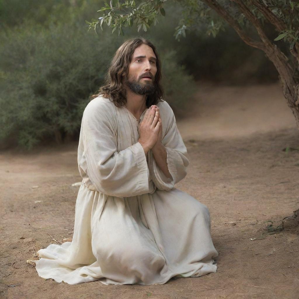 Jesus Christ in the Garden of Gethsemane, deep in prayer and solitude, as he faces his impending passion and death. His face reflects a range of emotions: divine strength, human fear, and a deep commitment to His sacrificial mission.