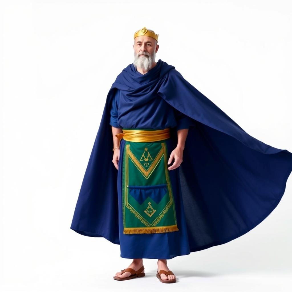 A Masonic figure standing against a white background, wearing a long deep blue tunic made from a lightweight, breathable fabric symbolizing spirituality and wisdom