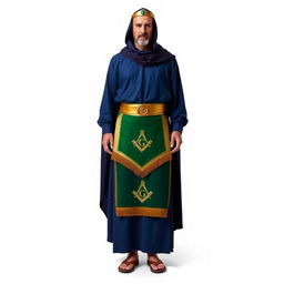 A Masonic figure standing against a white background, wearing a long deep blue tunic made from a lightweight, breathable fabric symbolizing spirituality and wisdom