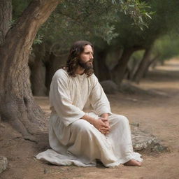 Jesus Christ in the Garden of Gethsemane, deep in prayer and solitude, as he faces his impending passion and death. His face reflects a range of emotions: divine strength, human fear, and a deep commitment to His sacrificial mission.