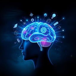 A thought-provoking artistic depiction of the power of the human mind, featuring a profile view of a human head filled with a luminous and intricate brain