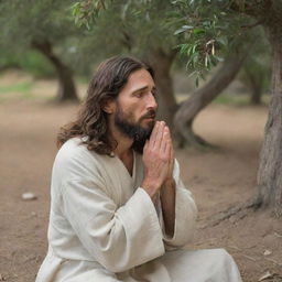 Jesus Christ in the Garden of Gethsemane, deep in prayer and solitude, as he faces his impending passion and death. His face reflects a range of emotions: divine strength, human fear, and a deep commitment to His sacrificial mission.