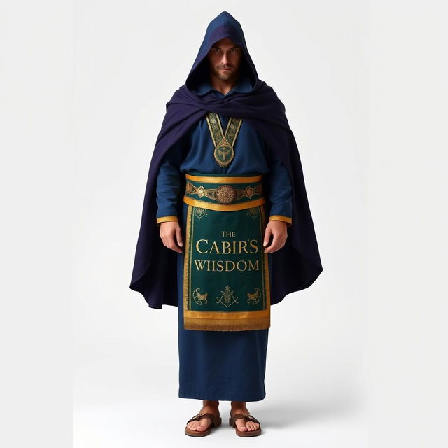 A Masonic figure standing against a white background, dressed in a long tunic of deep blue color that symbolizes the sea and the depth of wisdom of the Cabirs