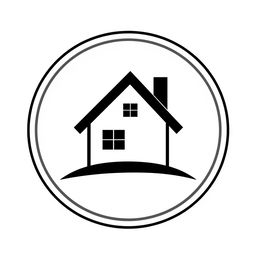 A modern black and white logo featuring a stylized house at the center, designed with clean lines and geometric shapes