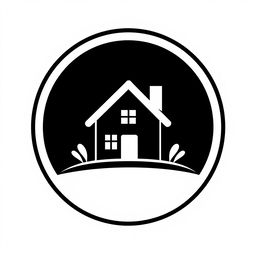 A modern black and white logo featuring a stylized house at the center, designed with clean lines and geometric shapes