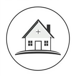 A modern black and white logo featuring a stylized house at the center, designed with clean lines and geometric shapes