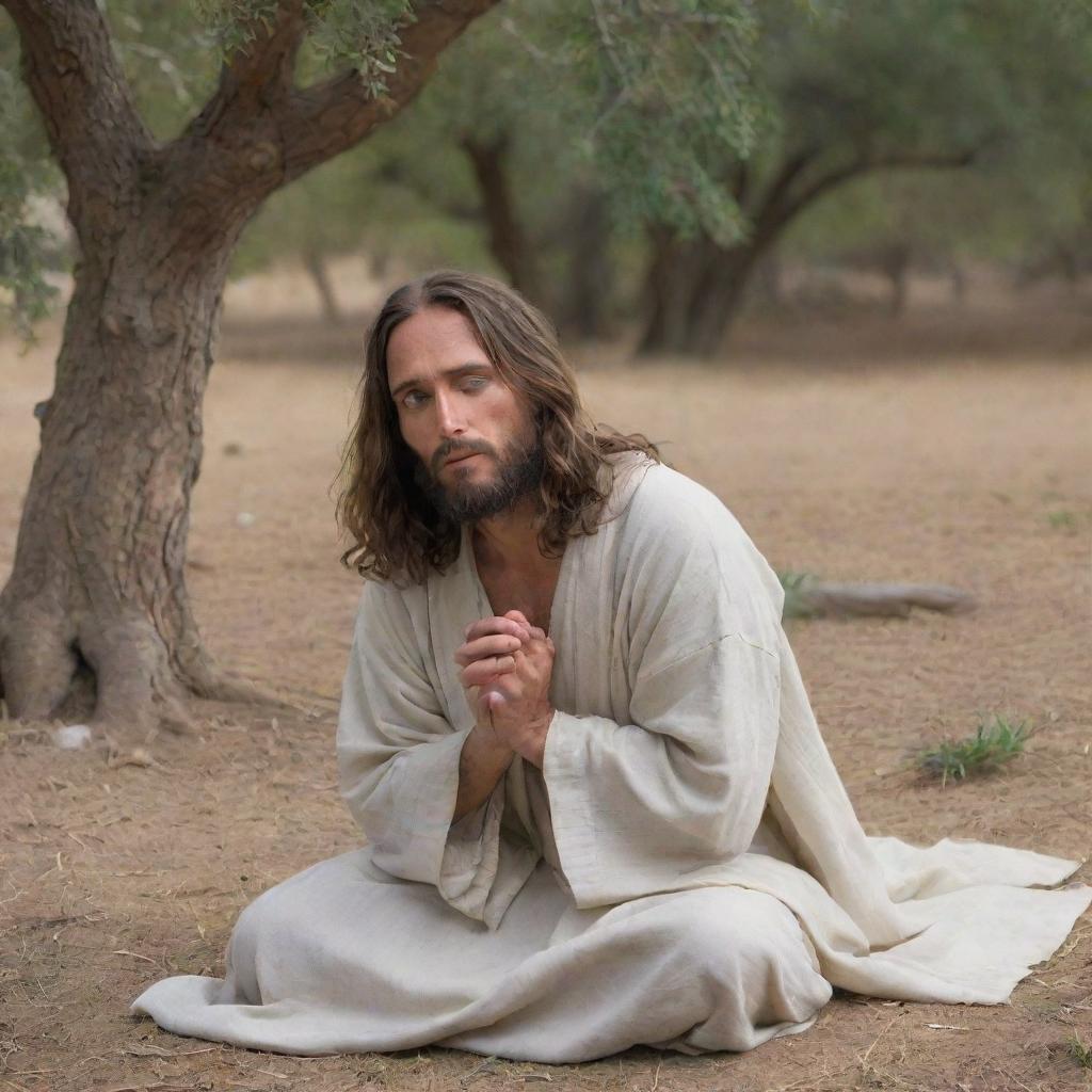 Jesus Christ in the Garden of Gethsemane, deep in prayer and solitude, as he faces his impending passion and death. His face reflects a range of emotions: divine strength, human fear, and a deep commitment to His sacrificial mission.