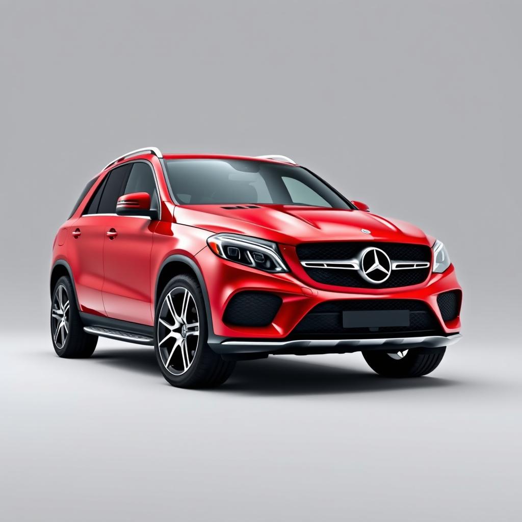 A sleek red Mercedes GLE prominently displayed against a smooth grey background