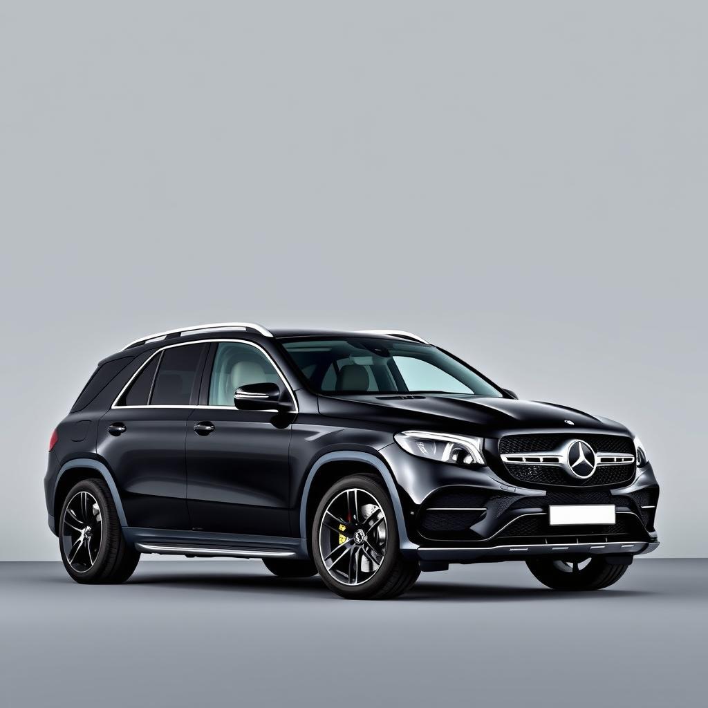 A stylish black Mercedes GLE SUV parked elegantly against a soft grey background, showcasing its sleek lines and modern design