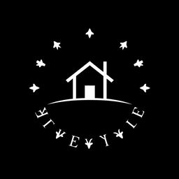 A black and white logo featuring a stylized house prominently in the center