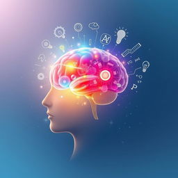 An artistic depiction illustrating the concept of understanding the power of the human mind, showcasing a side view of a human head filled with a radiant, colorful brain