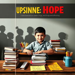 A motivational book cover featuring a determined child sitting at a desk filled with books and school supplies, looking confidently at the viewer