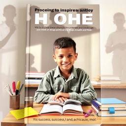 A motivational book cover featuring a determined child sitting at a desk filled with books and school supplies, looking confidently at the viewer