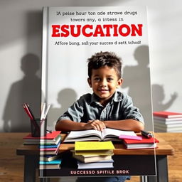 A motivational book cover featuring a determined child sitting at a desk filled with books and school supplies, looking confidently at the viewer