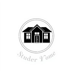 A black and white logo featuring a prominently placed house in the center