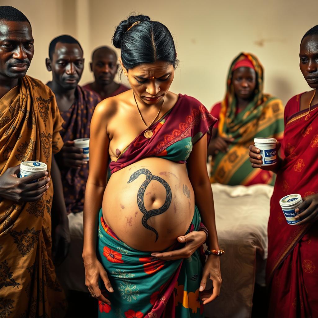 A compelling photo featuring a worried, bruised, tired, and exhausted young pregnant Indian woman in a colorful saree, her exposed midsection showcasing a distinctive snake tattoo that symbolizes her inner strength