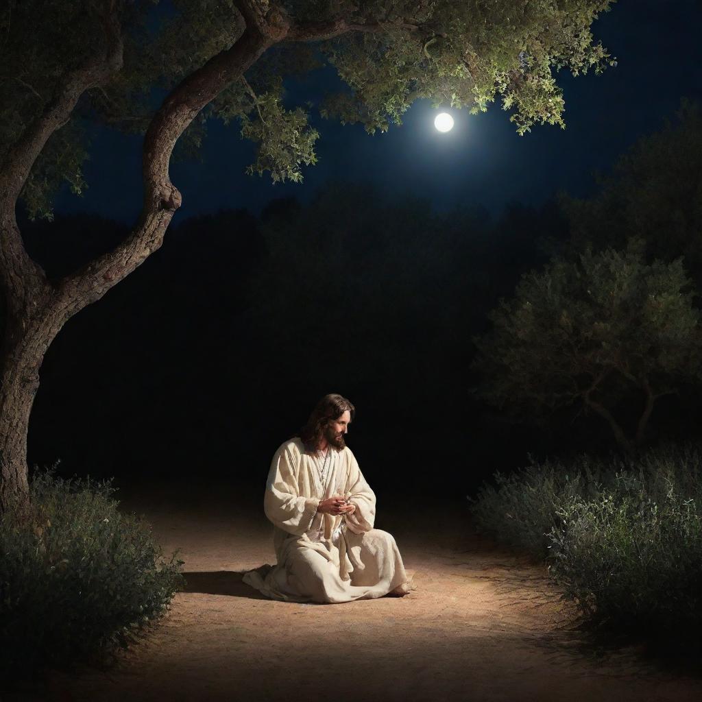 Render the scene of Jesus Christ in the Garden of Gethsemane at night. Illuminated only by a divine, moonlit glow, Christ prays in solitude facing his Passion, his expression a complex blend of divine resolve and human vulnerability.