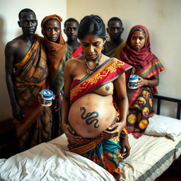 A compelling photo featuring a worried, bruised, tired, and exhausted young pregnant Indian woman in a colorful saree, her exposed midsection showcasing a distinctive snake tattoo that symbolizes her inner strength