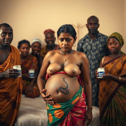 A compelling photo featuring a worried, bruised, tired, and exhausted young pregnant Indian woman in a colorful saree, her exposed midsection showcasing a distinctive snake tattoo that symbolizes her inner strength