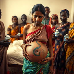 A compelling photo featuring a worried, bruised, tired, and exhausted young pregnant Indian woman in a colorful saree, her exposed midsection showcasing a distinctive snake tattoo that symbolizes her inner strength