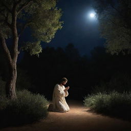 Render the scene of Jesus Christ in the Garden of Gethsemane at night. Illuminated only by a divine, moonlit glow, Christ prays in solitude facing his Passion, his expression a complex blend of divine resolve and human vulnerability.