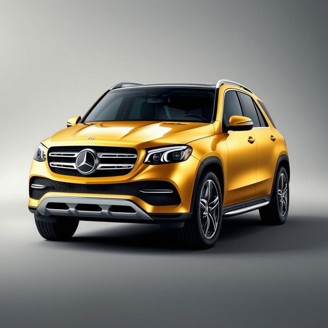 A luxurious gold Mercedes GLE SUV parked elegantly against a soft grey background, showcasing its sleek lines and modern design