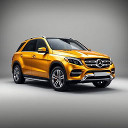 A luxurious gold Mercedes GLE SUV parked elegantly against a soft grey background, showcasing its sleek lines and modern design