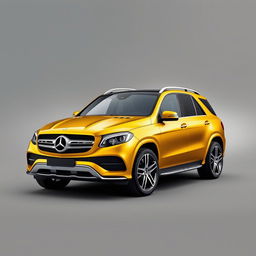 A luxurious gold Mercedes GLE SUV parked elegantly against a soft grey background, showcasing its sleek lines and modern design