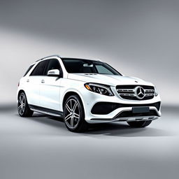 A stylish white Mercedes GLE SUV parked elegantly against a soft grey background, showcasing its sleek lines and modern design