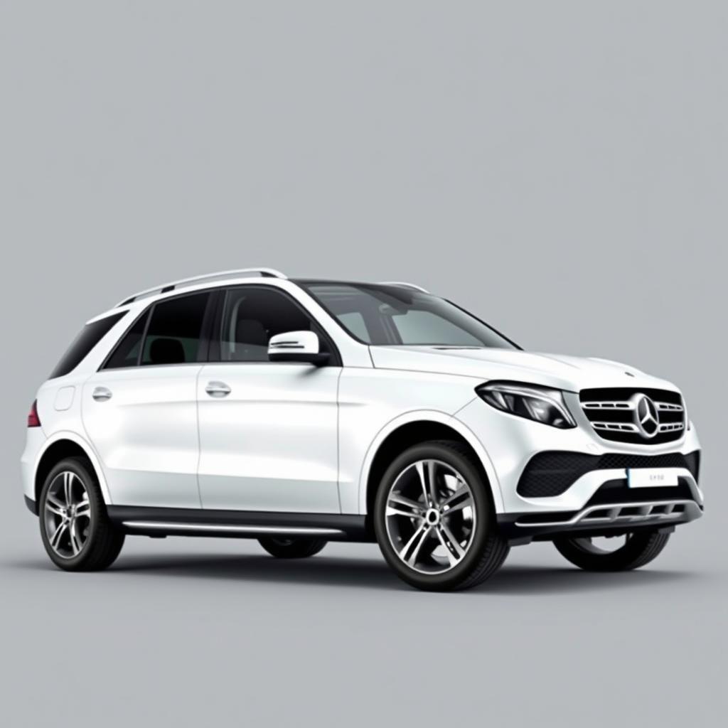 A stylish white Mercedes GLE SUV parked elegantly against a soft grey background, showcasing its sleek lines and modern design