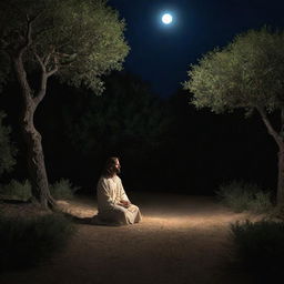 Render the scene of Jesus Christ in the Garden of Gethsemane at night. Illuminated only by a divine, moonlit glow, Christ prays in solitude facing his Passion, his expression a complex blend of divine resolve and human vulnerability.