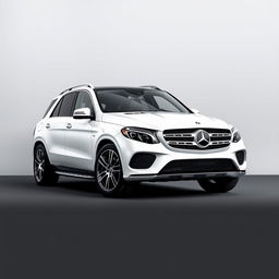 A stylish white Mercedes GLE SUV parked elegantly against a soft grey background, showcasing its sleek lines and modern design