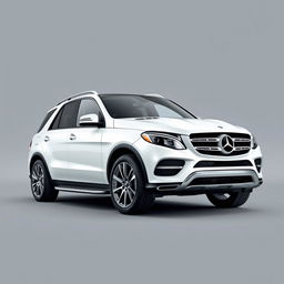 A stylish white Mercedes GLE SUV parked elegantly against a soft grey background, showcasing its sleek lines and modern design