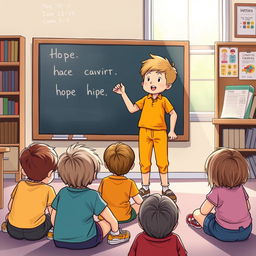 An illustration of a determined child standing in front of a chalkboard, passionately speaking to a small group of disengaged children sitting on the floor