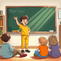 An illustration of a determined child standing in front of a chalkboard, passionately speaking to a small group of disengaged children sitting on the floor