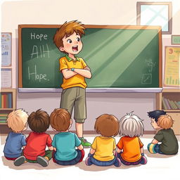 An illustration of a determined child standing in front of a chalkboard, passionately speaking to a small group of disengaged children sitting on the floor