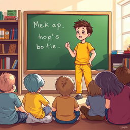 An illustration of a determined child standing in front of a chalkboard, passionately speaking to a small group of disengaged children sitting on the floor