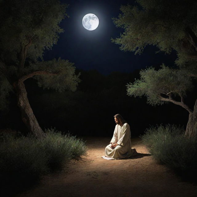 Render the scene of Jesus Christ in the Garden of Gethsemane at night. Illuminated only by a divine, moonlit glow, Christ prays in solitude facing his Passion, his expression a complex blend of divine resolve and human vulnerability.