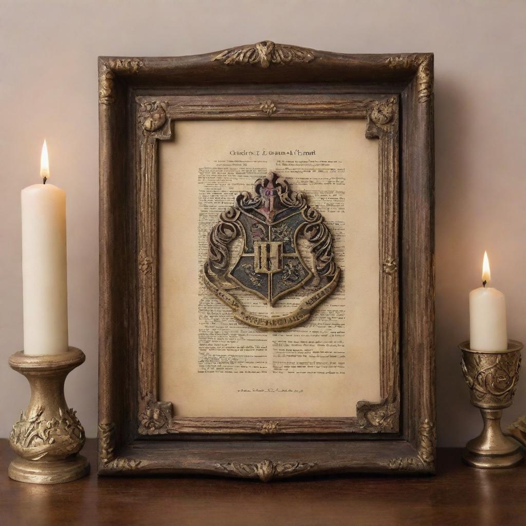 A decorative picture frame with a Harry Potter theme. The design includes elements such as the Hogwarts crest, a wand, a spellbook, and floating candles., casting a warm glow around the frame