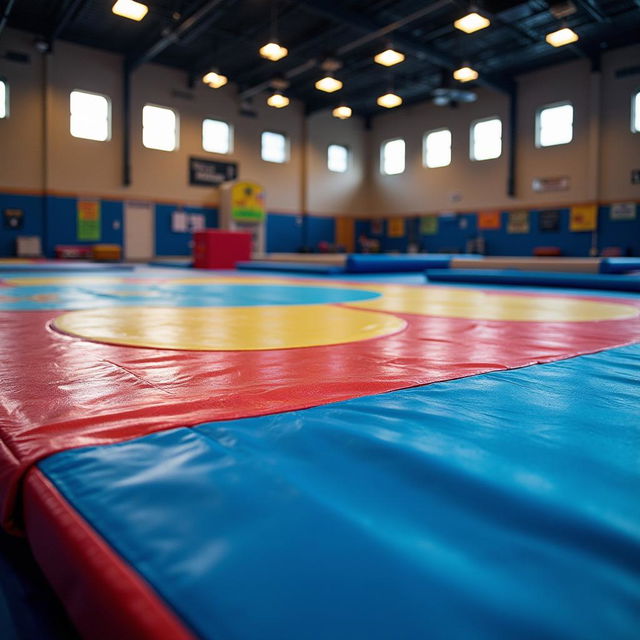 A pristine gymnastics floor mat, brightly colored with intricate designs, reflecting vibrant hues of blue, red and yellow