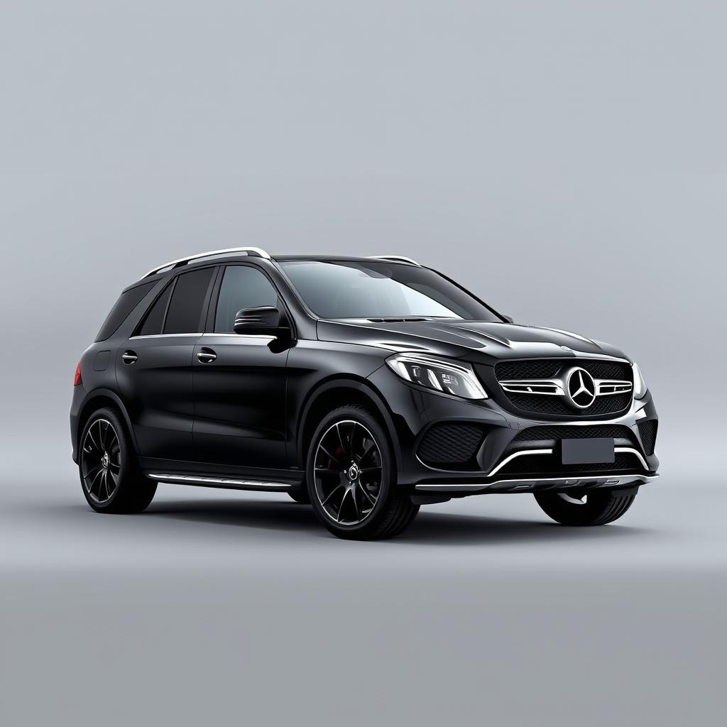 A stylish black Mercedes GLE SUV parked elegantly against a soft grey background, showcasing its sleek lines and modern design