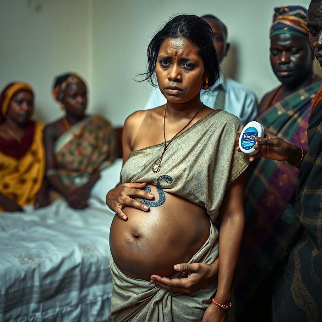 A concerned and exhausted young pregnant Indian woman in a saree, heavily sweating and showing signs of distress