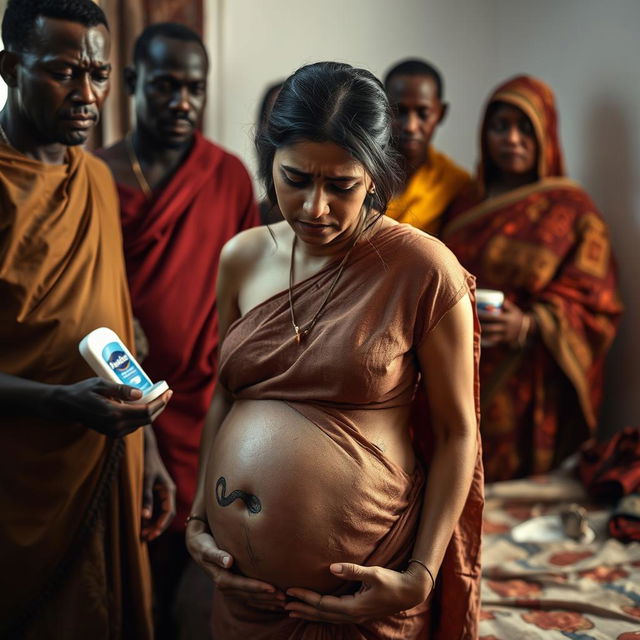 A concerned and exhausted young pregnant Indian woman in a saree, heavily sweating and showing signs of distress