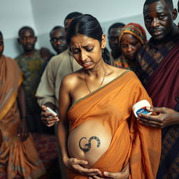 A concerned and exhausted young pregnant Indian woman in a saree, heavily sweating and showing signs of distress